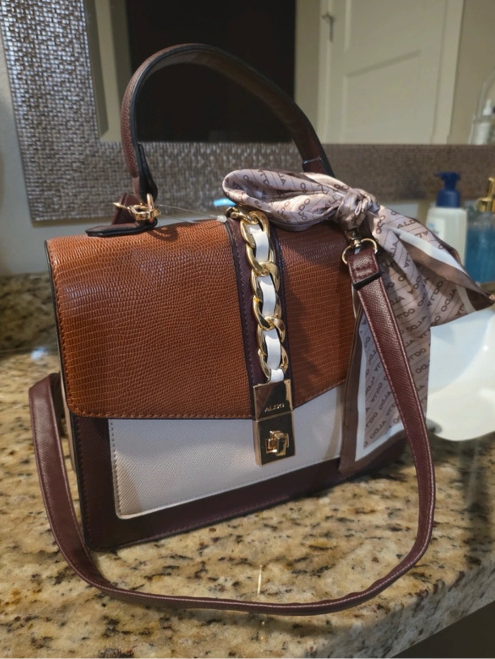 Aldo Brown, Cream & Dark Brown Chain-Accent Satchel